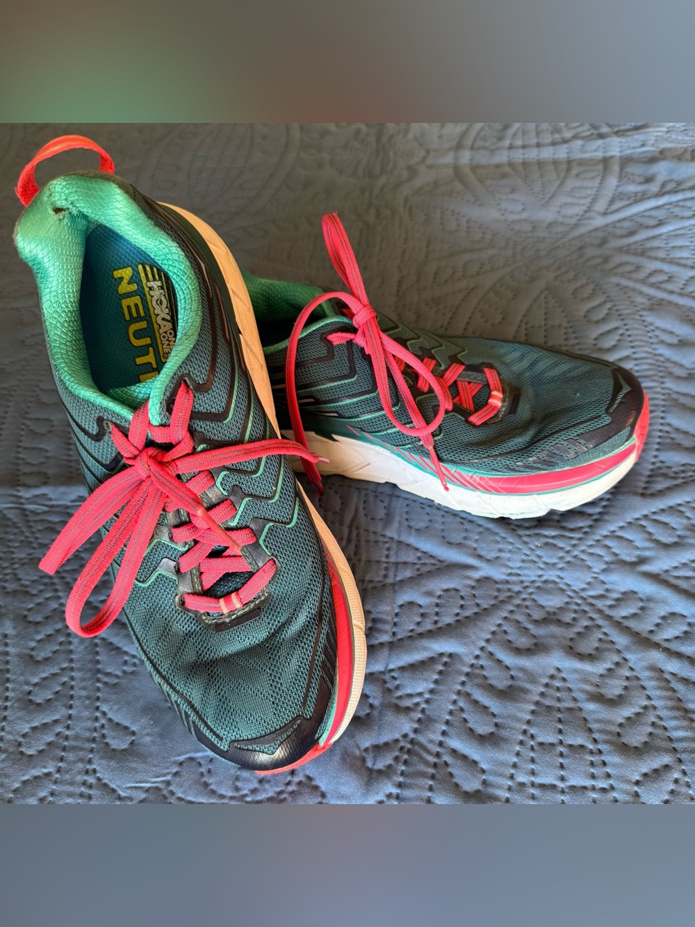 Hoka One One Clifton 4 Women's Neutral Running Shoes in Teal with Pink Accents